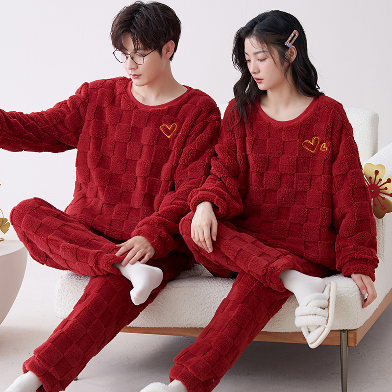 睡衣结婚新婚情侣套装大红色冬季珊瑚绒男士女喜爱情侣睡衣秋冬款