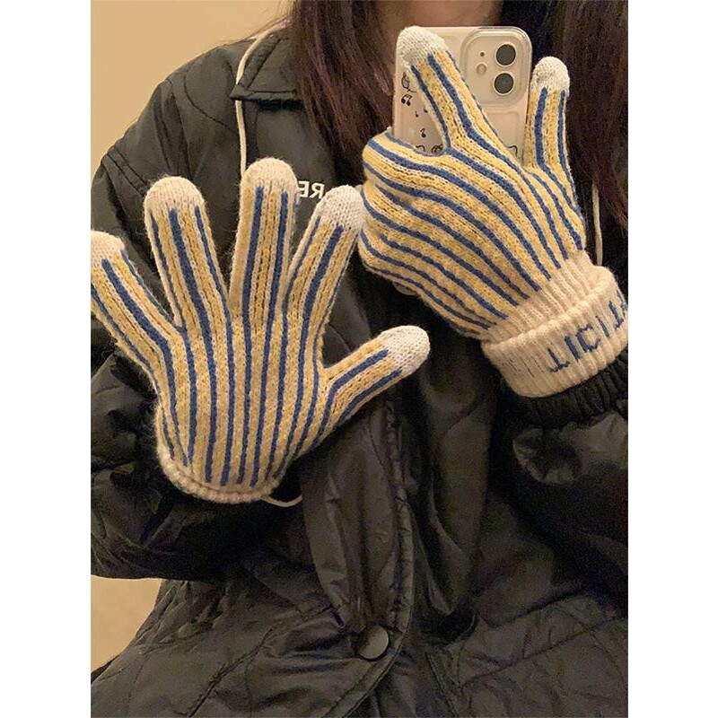复古条纹针织毛线手套女冬季加绒加厚学生骑车保暖挂脖触屏防寒