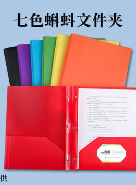 6个/包A4尺寸PP美式D型文件夹七色蝌蚪夹双口袋办公文件袋报告夹