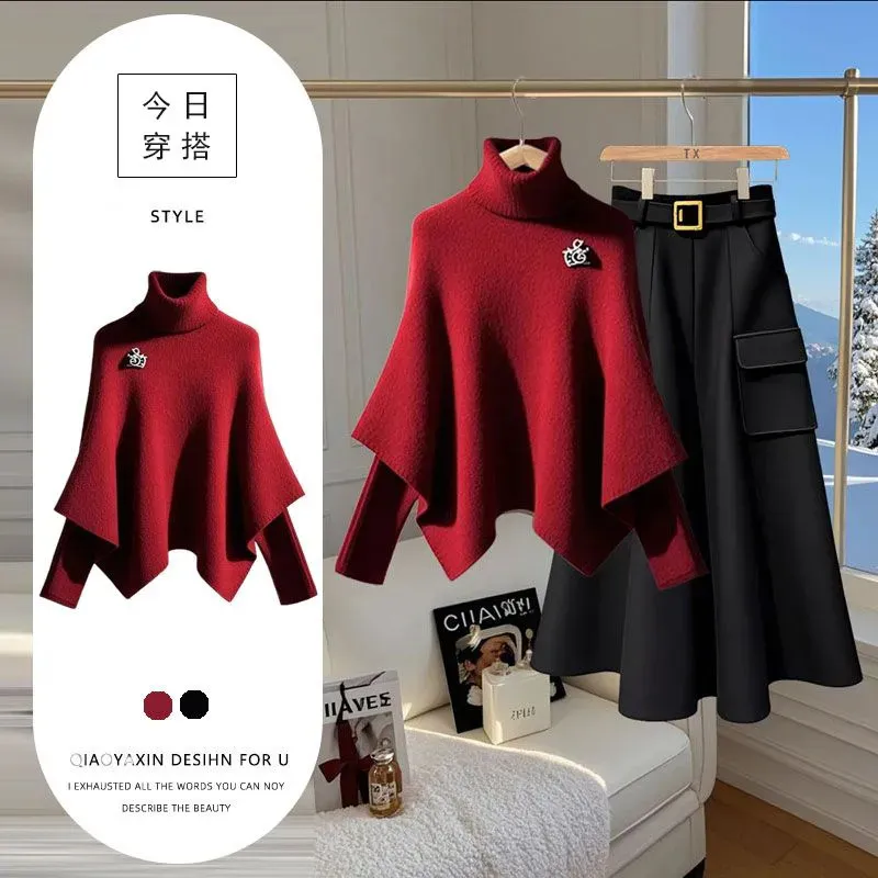 2024秋冬品质女装时尚百搭精致气质假两件上衣梨型身材显瘦半身裙