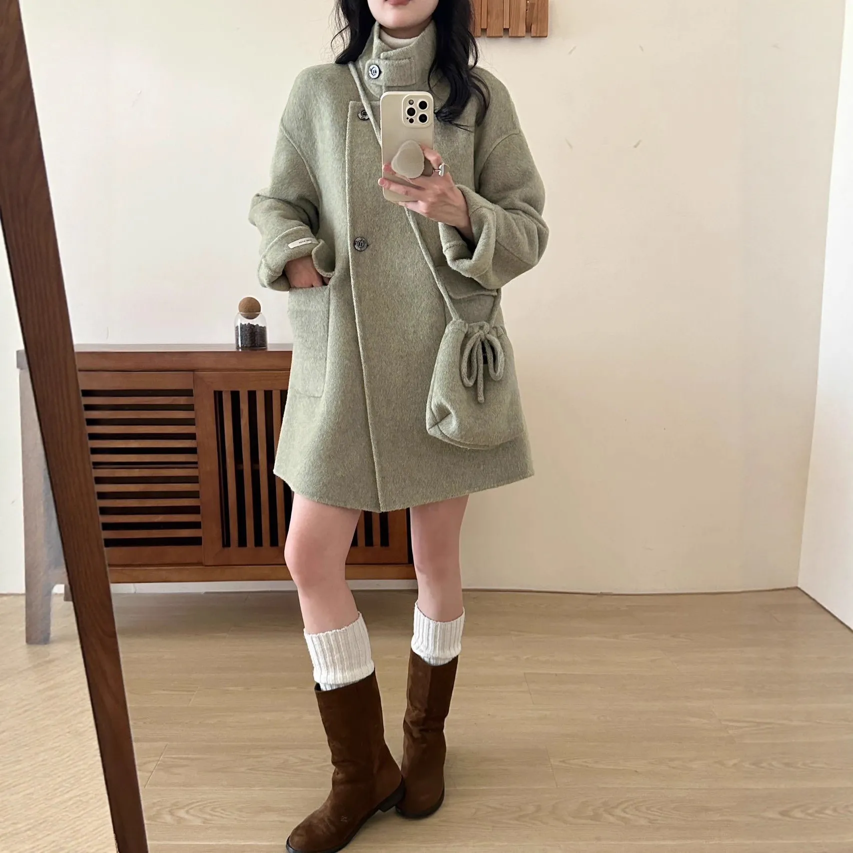 送包包2025秋冬新款小个子双面羊毛大衣 中长款宽松立领羊毛外套