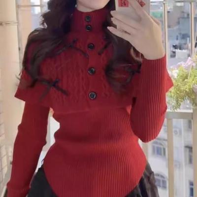 甜辣妹套装红色长袖针织衫女装冬季高领毛衣斗篷披肩圣诞风两件套
