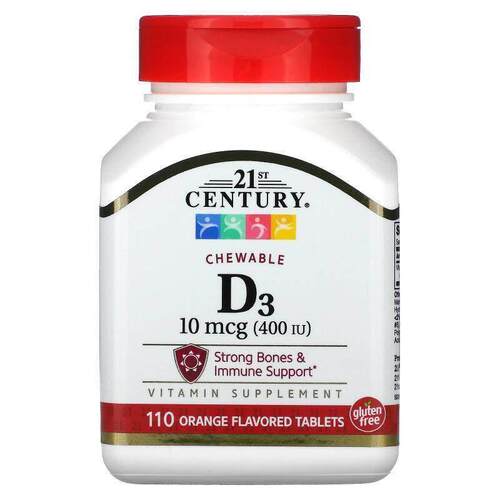 21世纪,维生素 D3 咀嚼片，橙味，10 微克（400 国际单位），110