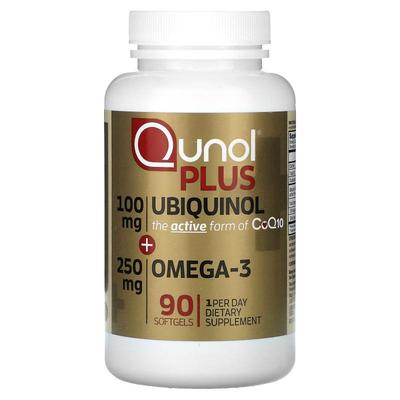 Qunol,加上泛醇 + Omega-3，100 毫克+ 250 毫克，90 粒软胶囊