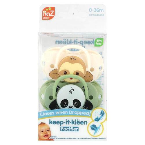 RaZbaby,Keep-It-Kleen 安抚奶嘴，0-36 个月，树獭和熊猫，2 个