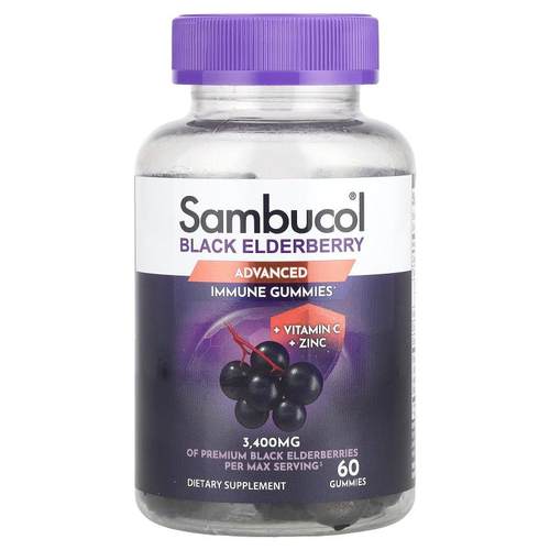 Sambucol,黑接骨木，维生素 C 和锌免疫帮助软糖，天然浆果，60