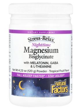 Natural Factors,Stress-Relax®，夜间服用双甘氨酸镁粉与褪黑荷-