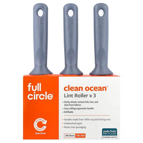Full Circle,Clean Ocean™ Lint Roller, 3 Rolls, 100 Sheets Ea