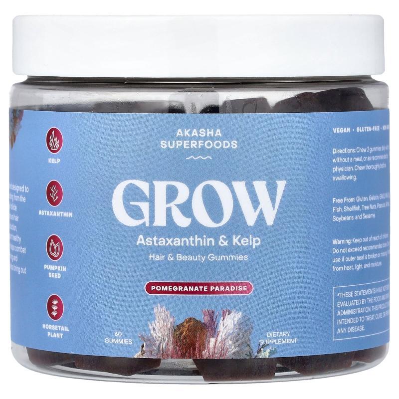 Akasha Superfoods,Grow, Hair & Beauty Gummies, Pomegrana