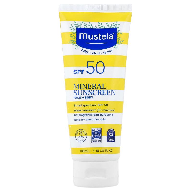 Mustela,矿物质抗晒霜，面部+身体，SPF 50，3.38 液量盎司（100