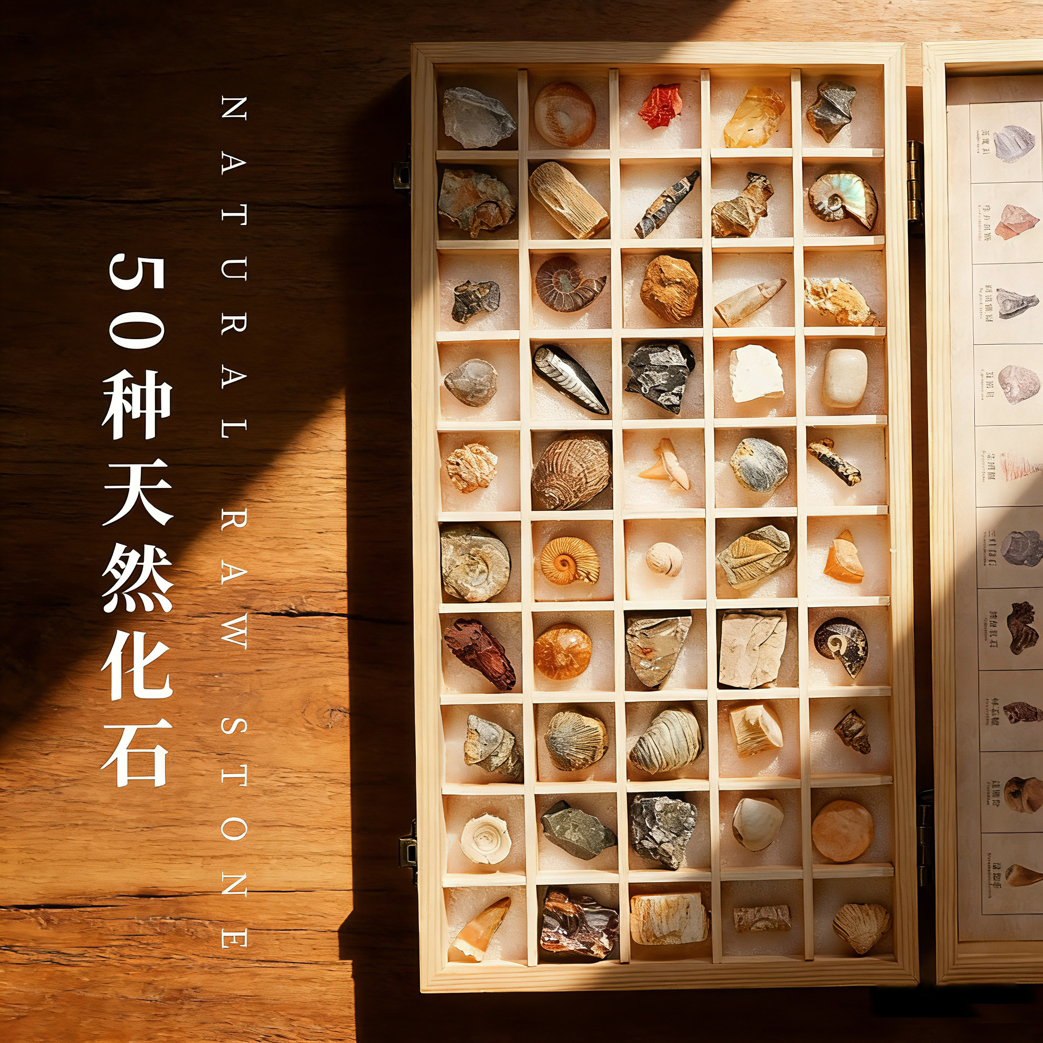 50种天然化石标本矿物摆件三叶虫菊石海螺考古天然水晶原矿石套装