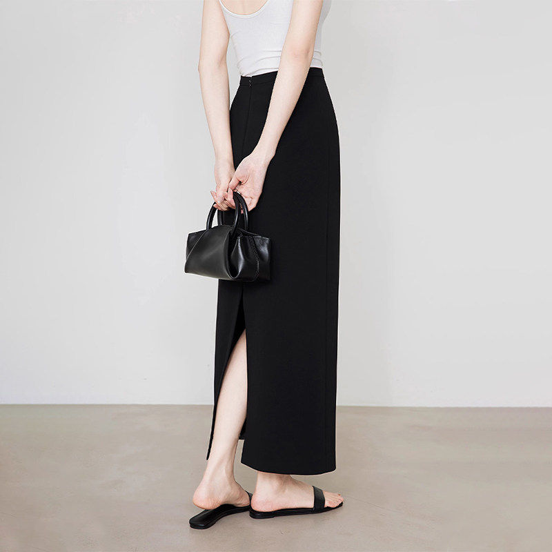 黑色直筒半身裙女夏季2025新款大尺码胖mm高腰显瘦开 叉西装裙中