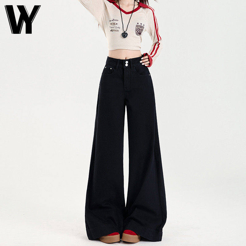 黑色阔腿微喇牛仔裤女夏季2025年新款高腰宽松不贴腿拖地喇叭裤子