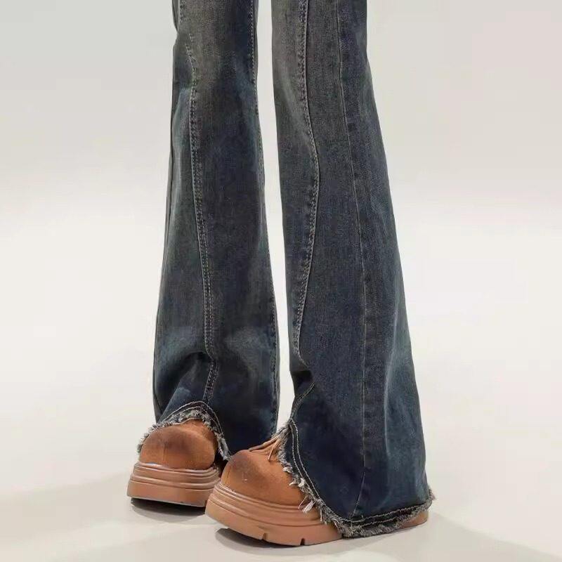 覆古微喇牛仔裤女2025早秋新款大尺码胖mm高腰显瘦毛边设计感喇叭