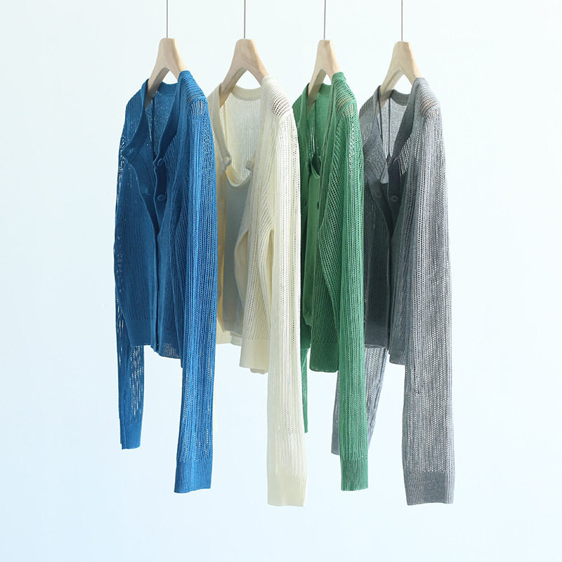 春夏韩系纯色圆领镂空天爽亚麻开衫外套吊带背心针织两件套上衣女