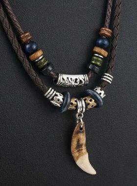 Vintage Men's Wolf Tooth Pendant Leather Beaded Weav