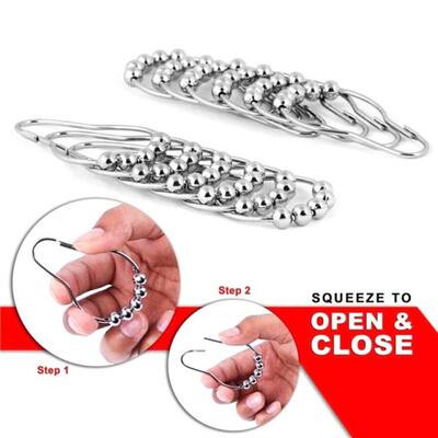 12Pcs Stainless Steel Curtain Hooks Bath Rollerball Shower C