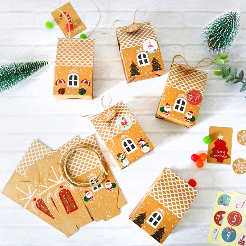 24 Sets Christmas House Gift Box Kraft Paper Cookies Candy B
