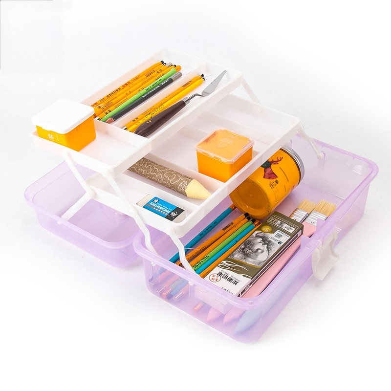 Plastic Three-Layer Storage Box Case Desk Organizer Art Tool