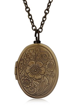 Oval Carved Flower Stripe Locket Pendant Necklace Women Vint