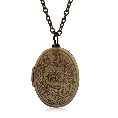Oval Carved Flower Stripe Locket Pendant Necklace Women Vint