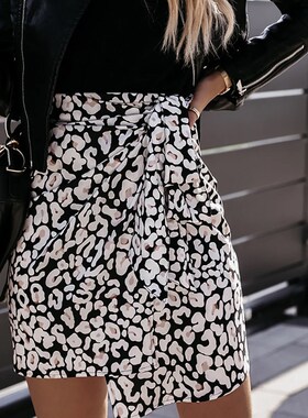 Women High Waist Leopard Print Mini Wrap Skirt Autumn Casual