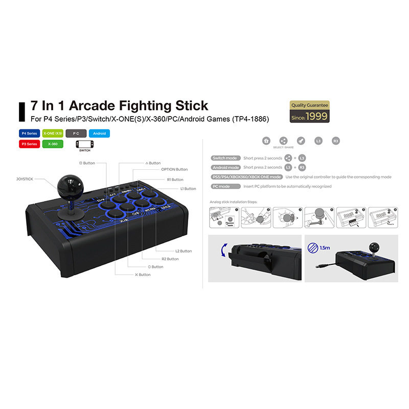 7 in 1 usb wired arcade fighting stick joystick with metal