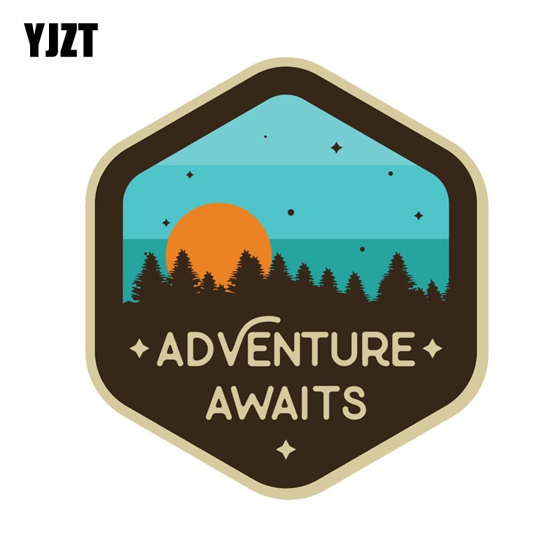 12.6CM*13.7CM Adventure Awaits Sunset Camping Travel Decal P