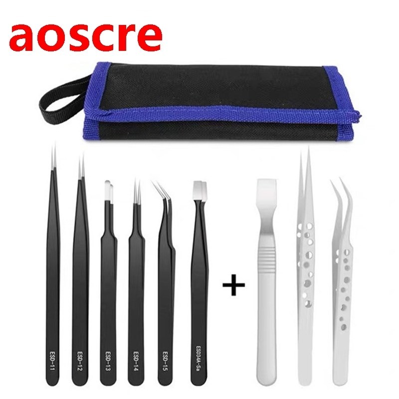 9Pcs Tweezers Set Stainless Steel Anti-static Precision Twee
