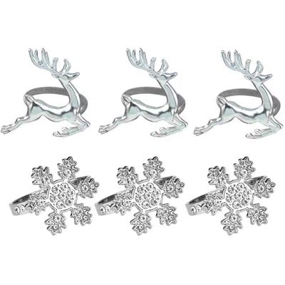 6PCS Silver Napkin Rings Snowflake Reindeer 适用于 Christmas