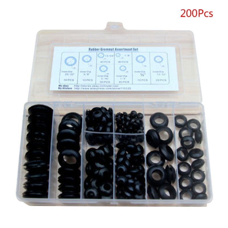 200Pcs/box Rubber Grommet Gasket Kits for Wire Cable Black A