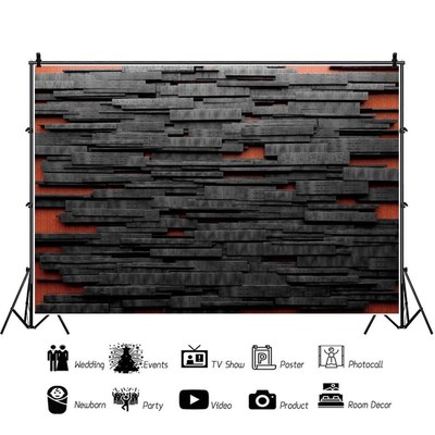 Laeacco Dark Black Wooden Board Stacked Wall Unique 3D Part