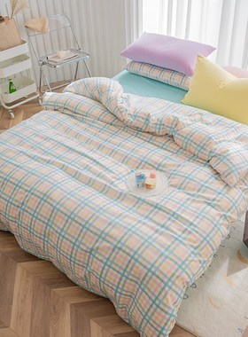 Plaid Bedding Sets Cute Quilt Cover Pillowcase Blue Bed Flat