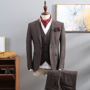 British Style Suit Men 3 Piece Suit Plaid Blazer Trend Groom