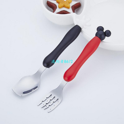 2 pcs Baby Spoon Fork set Safety Stainless Steel Feeding Fl