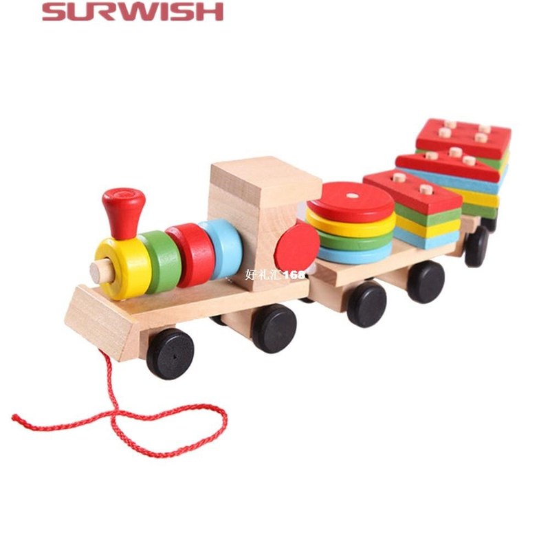 Surwish Hot sale 3 parts Drag Wooden Toys Early Stacking Tra