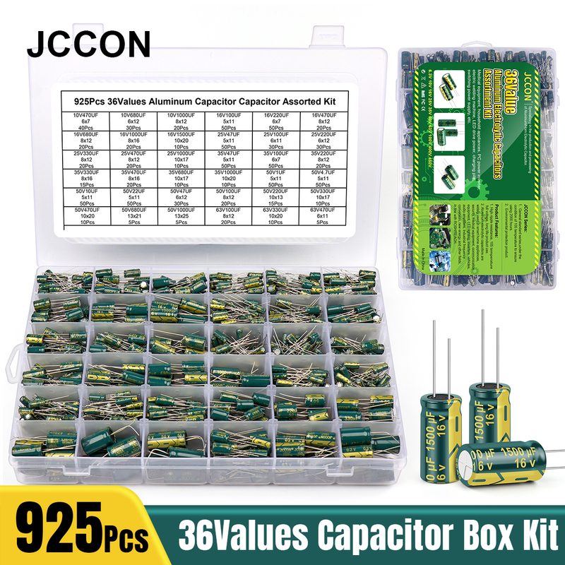 JCCON 925Pcs 36Values Aluminum Electrolytic Capacitor Assort