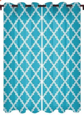 Blue Moroccan Geometric Checks Window Curtains for Bedroom