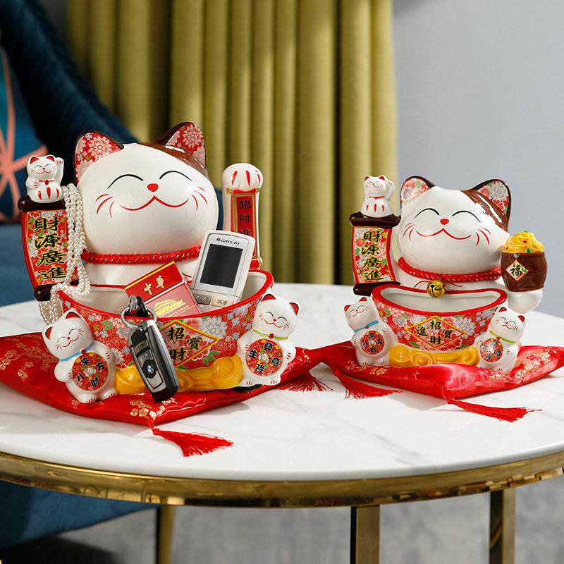 新品招财猫摆件青花瓷创意家居饰品钥匙收纳茶几玄关门口装饰桌面