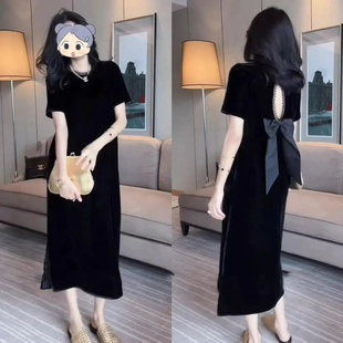 法式 赫本风轻奢钉珠宽松裙子 高级感气质休闲丝绒连衣裙女夏季 新款