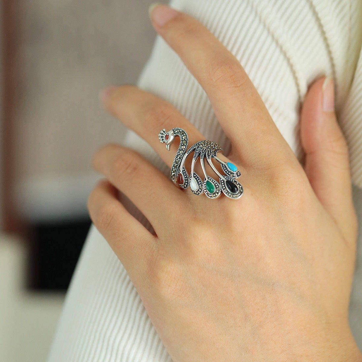 复古925银孔雀玉髓戒指女新中式小众个性民族风开口可调节日礼品
