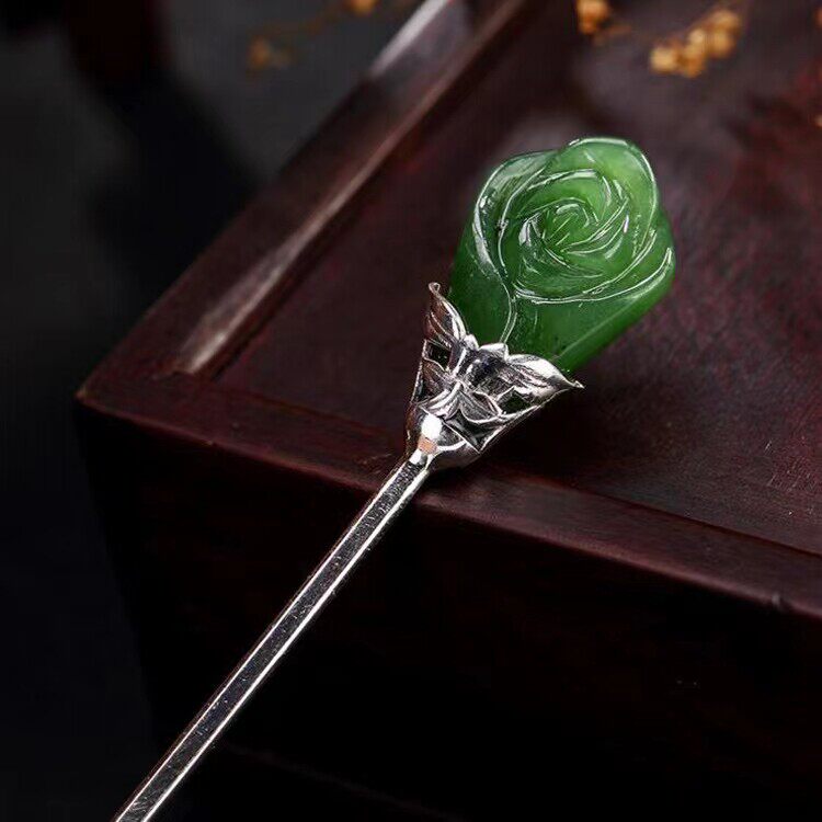 S925银玫瑰花发簪中国民