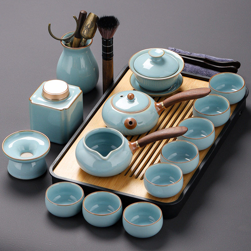 汝窑天青开片茶具套装2026新款家用盖碗侧把壶功夫茶茶道节日礼品
