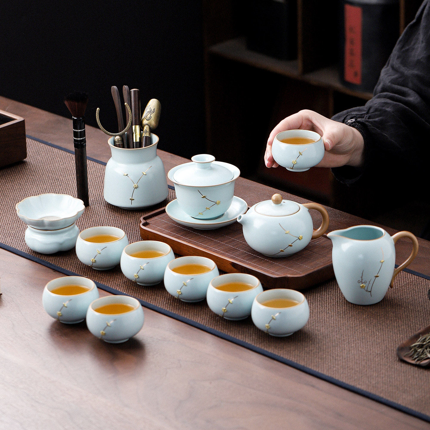 天青汝窑锔钉功夫茶具套装2026新款陶瓷盖碗茶壶茶杯子整节日礼品