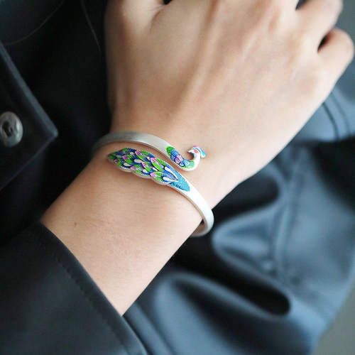 复古925银珐琅孔雀开口手