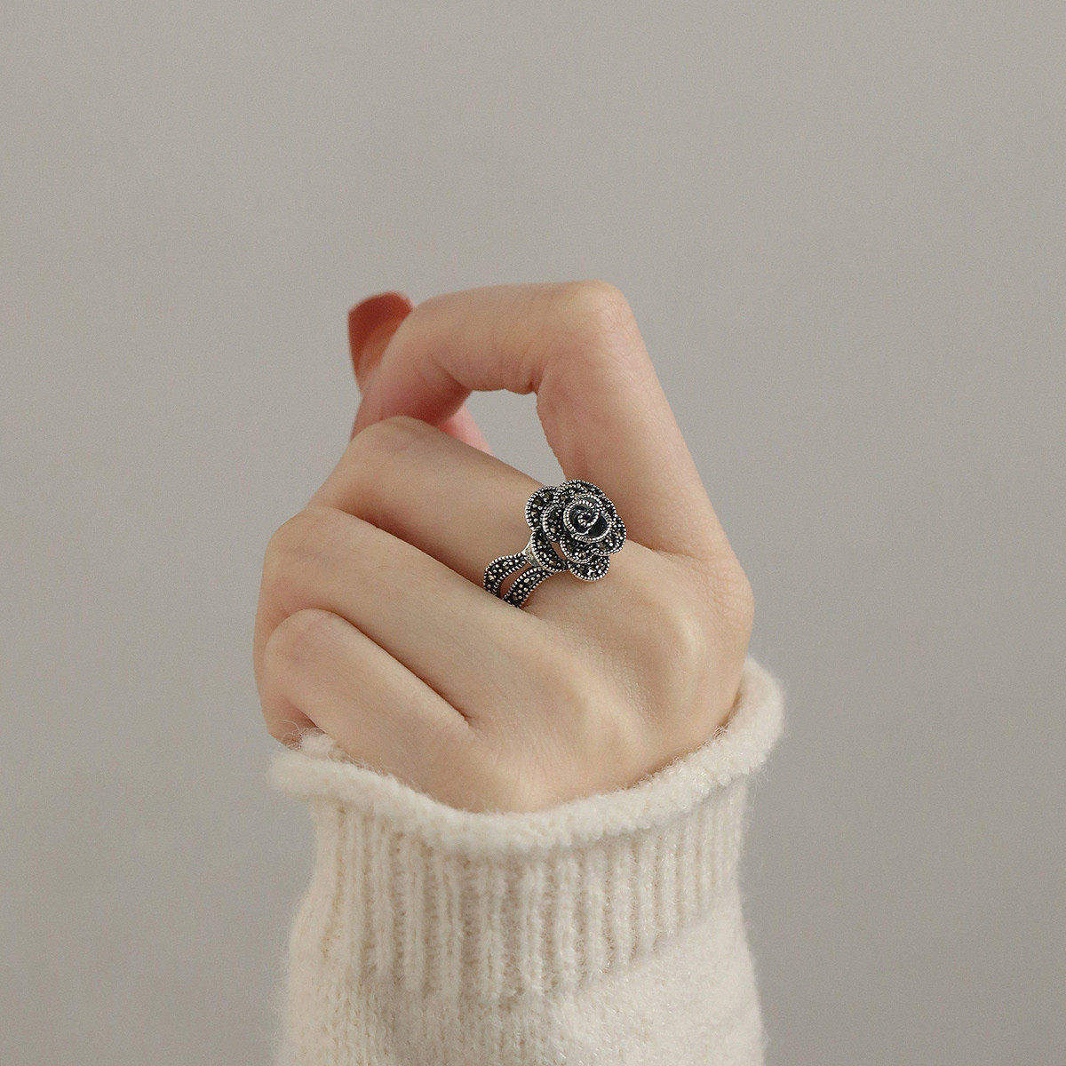 复古925银花朵开口戒指女新中式小众个性民族风轻奢简约节日礼品