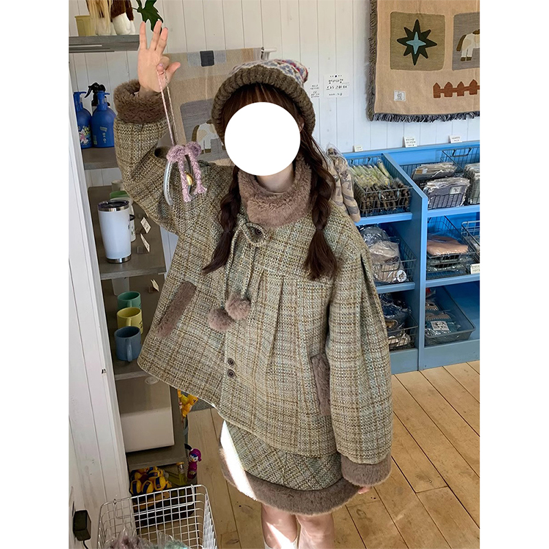 森系复古拼接毛绒立领外套女秋冬