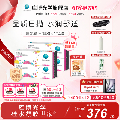 【30片*4盒】库博光学清氧清硅水凝胶日抛30片隐形近视眼镜高透氧