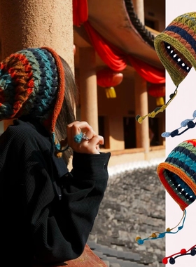 毛线帽子女秋冬季护耳套头多巴胺彩虹手工钩针彩色球针织帽显脸小