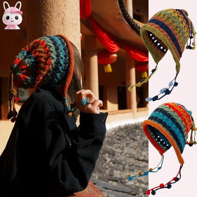 毛线帽子女秋冬季护耳套头多巴胺彩虹手工钩针彩色球针织帽显脸小